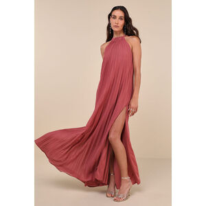 Lulus Exceptionally Elegant Rusty Rose Pleated Chiffon Maxi Dress Pink - Size L